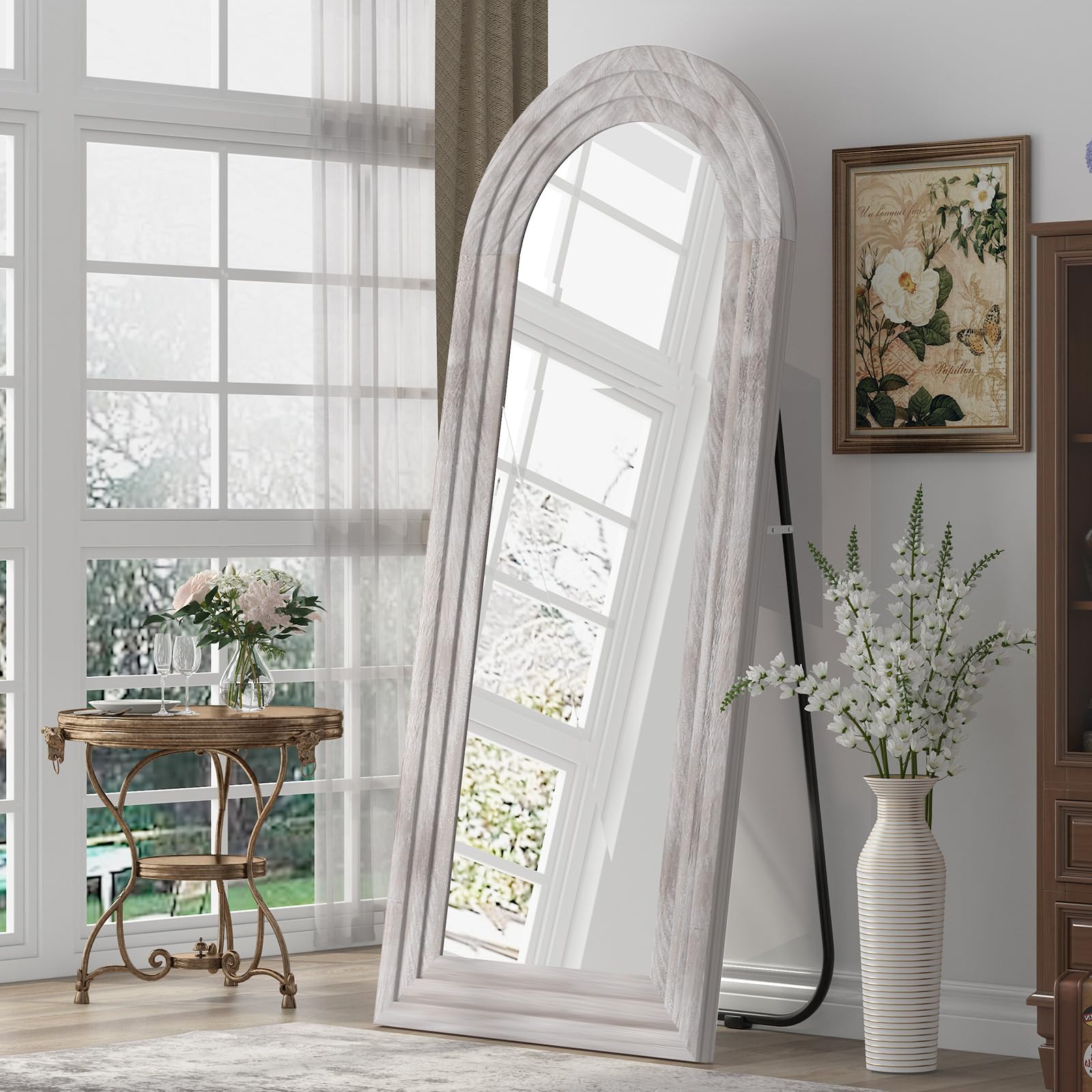 ZHUNFA Arched Full Length Mirror with Solid Wood Frame, 71x32 Farmhouse Wall Mounted Floor Mirror with Stand, Vertical Hanging, Leaning Standing for Bedroom, Living Room, Brown