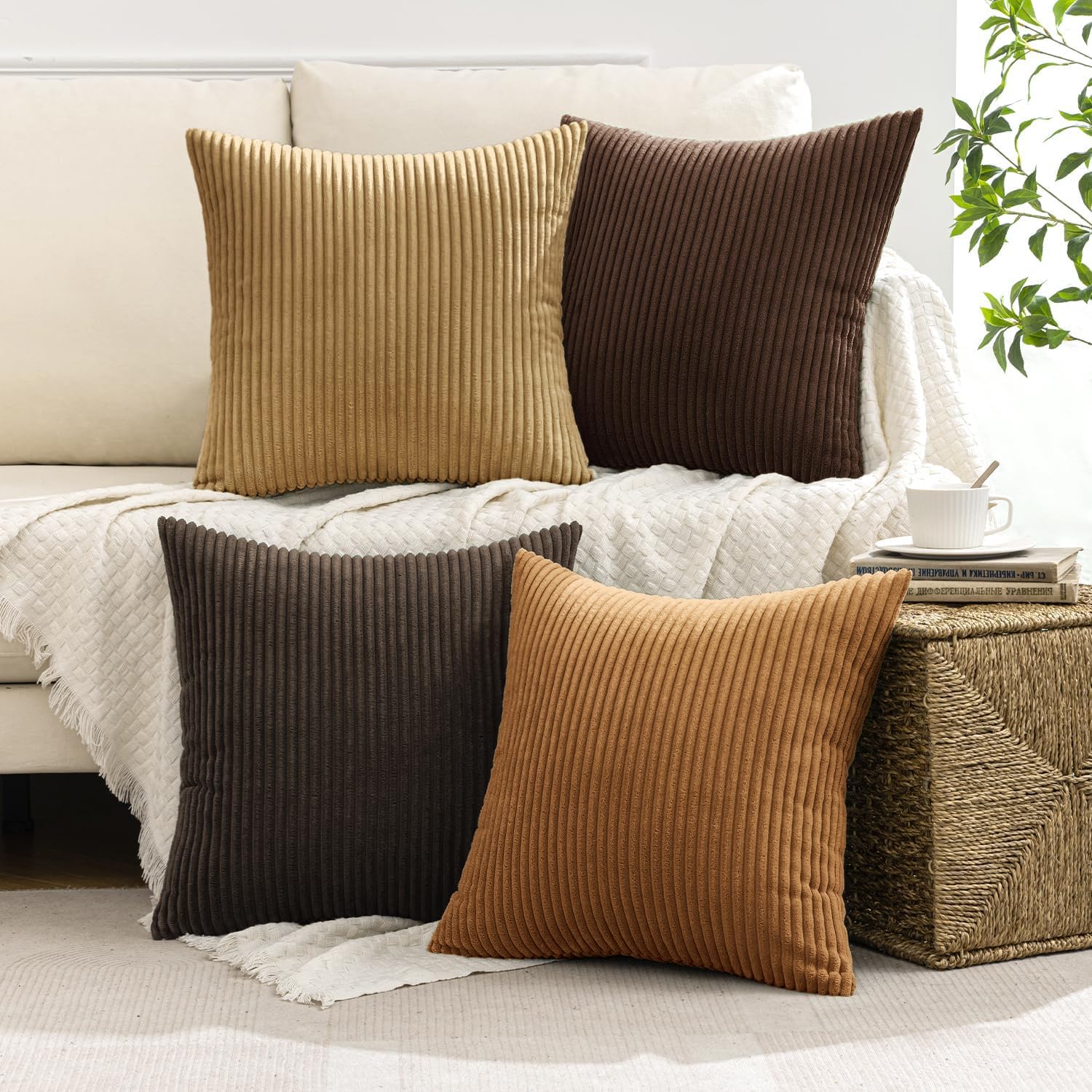 MIULEE Boho Farmhouse Sage Green Throw Pillow Covers 18x18 Inch Set of 4 Mordern Nordic Cushion Covers Soft Corduroy Spring Home Decor for Couch Bed Sofa Living Room Forest Green