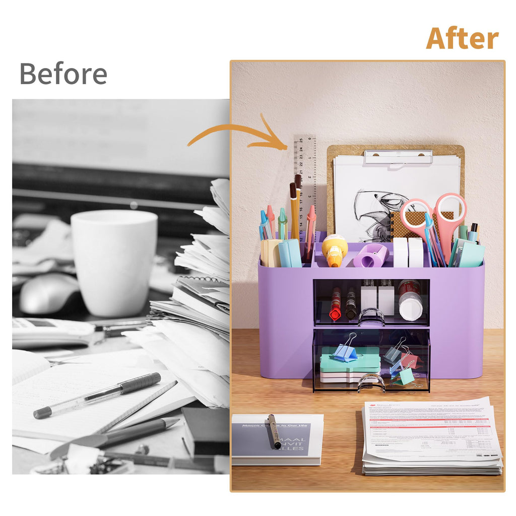 Marbrasse Pen Organizer with 2 Drawer, Multi-Functional Pencil Holder for Desk, Desk Organizers and Accessories with 5 Compartments + Drawer for Office Art Supplies (White)