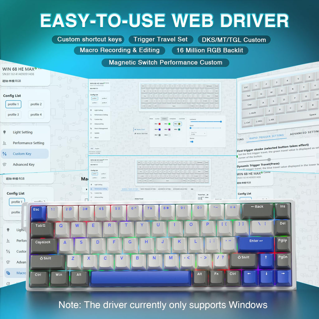 AULA WIN68 HE Mechanical Gaming Keyboard 60%, Hall Effect Magnetic Switch, Fast Trigger Mode Adjustable Actuation, 8000Hz Polling Rate, RGB Backlit, Wired Black Keyboard for Laptop/PC Gamer