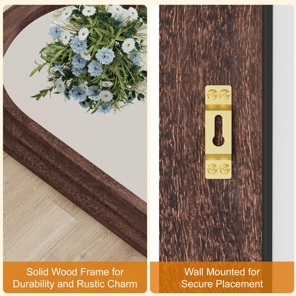 ZHUNFA Arched Full Length Mirror with Solid Wood Frame, 71x32 Farmhouse Wall Mounted Floor Mirror with Stand, Vertical Hanging, Leaning Standing for Bedroom, Living Room, Brown