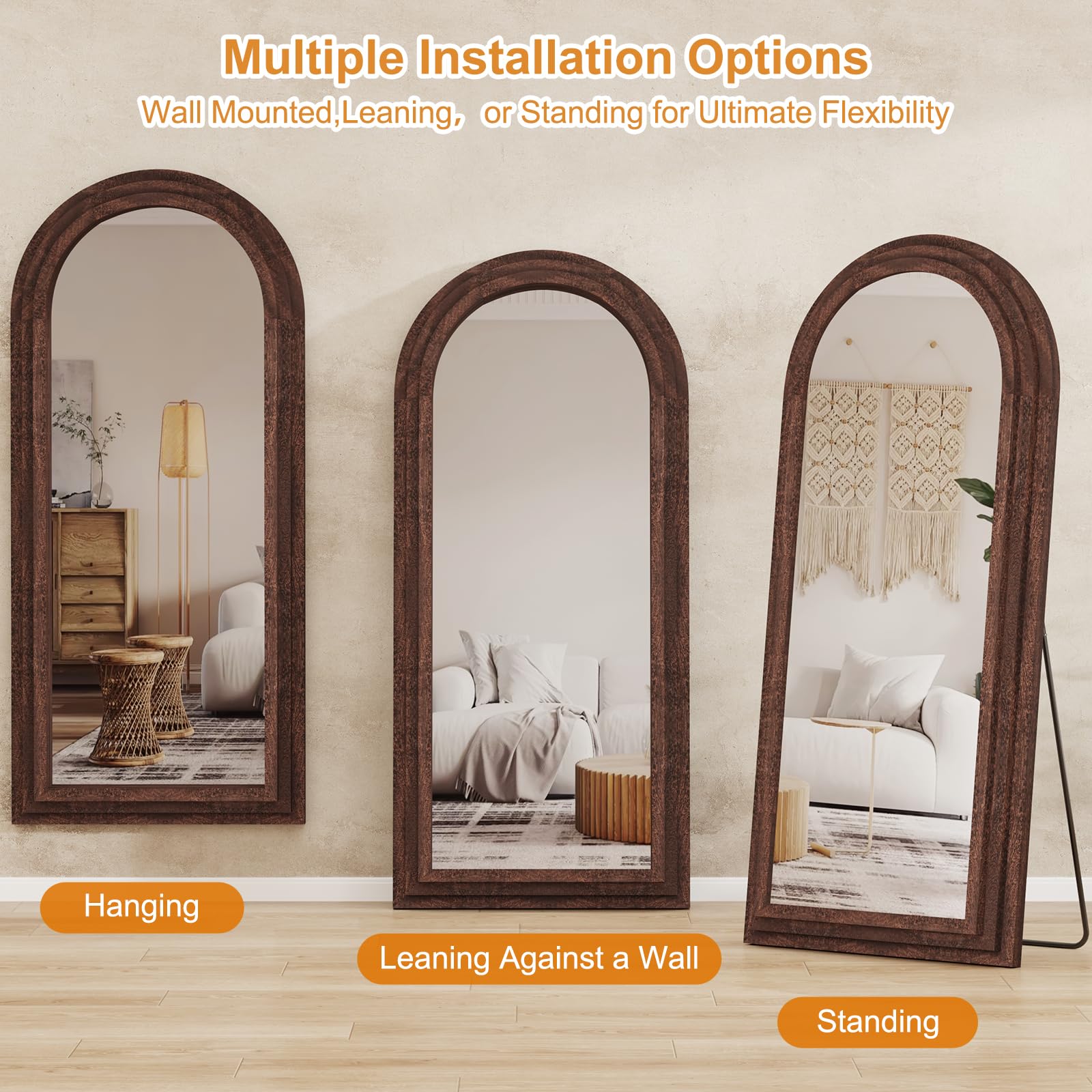ZHUNFA Arched Full Length Mirror with Solid Wood Frame, 71x32 Farmhouse Wall Mounted Floor Mirror with Stand, Vertical Hanging, Leaning Standing for Bedroom, Living Room, Brown
