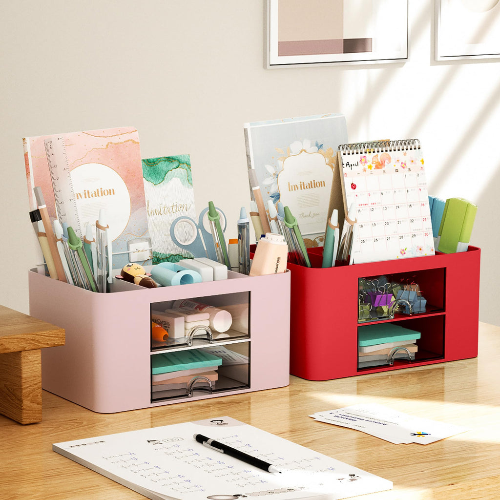 Marbrasse Pen Organizer with 2 Drawer, Multi-Functional Pencil Holder for Desk, Desk Organizers and Accessories with 5 Compartments + Drawer for Office Art Supplies (White)