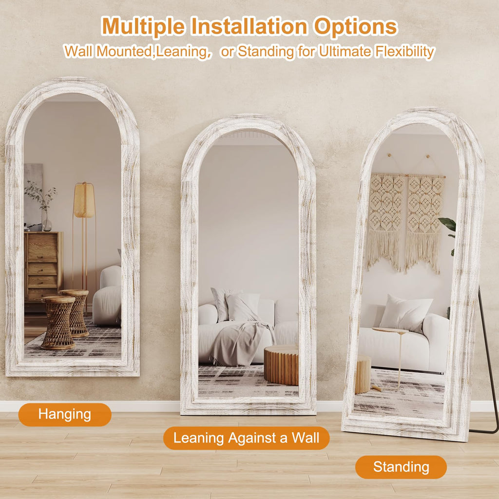 ZHUNFA Arched Full Length Mirror with Solid Wood Frame, 71x32 Farmhouse Wall Mounted Floor Mirror with Stand, Vertical Hanging, Leaning Standing for Bedroom, Living Room, Brown