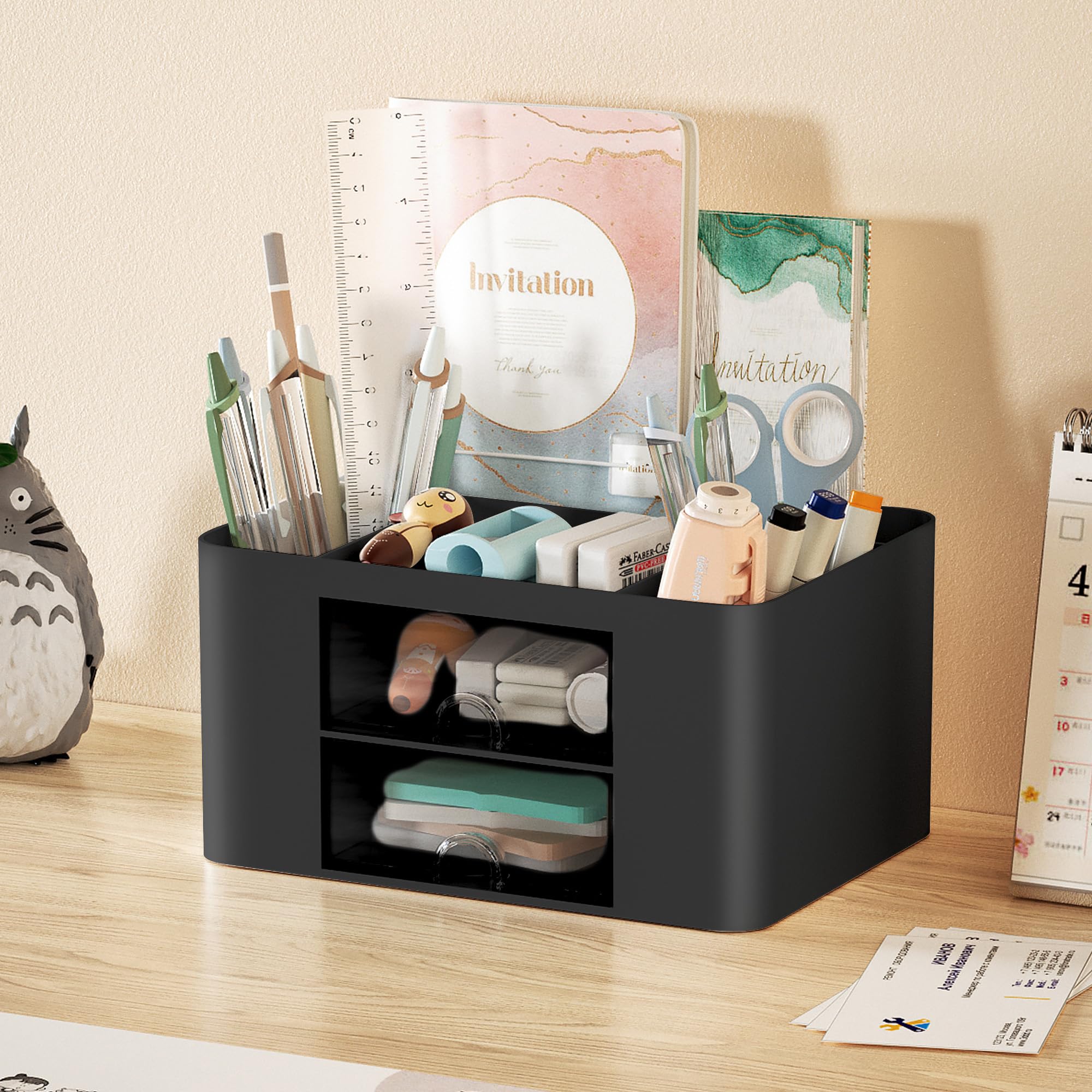 Marbrasse Pen Organizer with 2 Drawer, Multi-Functional Pencil Holder for Desk, Desk Organizers and Accessories with 5 Compartments + Drawer for Office Art Supplies (White)