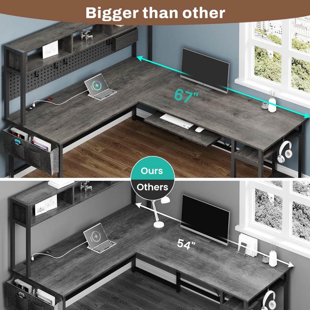 SEDETA L Shaped Gaming Desk, Reversible Computer Desk with Power Outlet and Pegboard, Gaming Desk with Led Lights, Keyboard Tray and Storage Bag for Home Office, Black