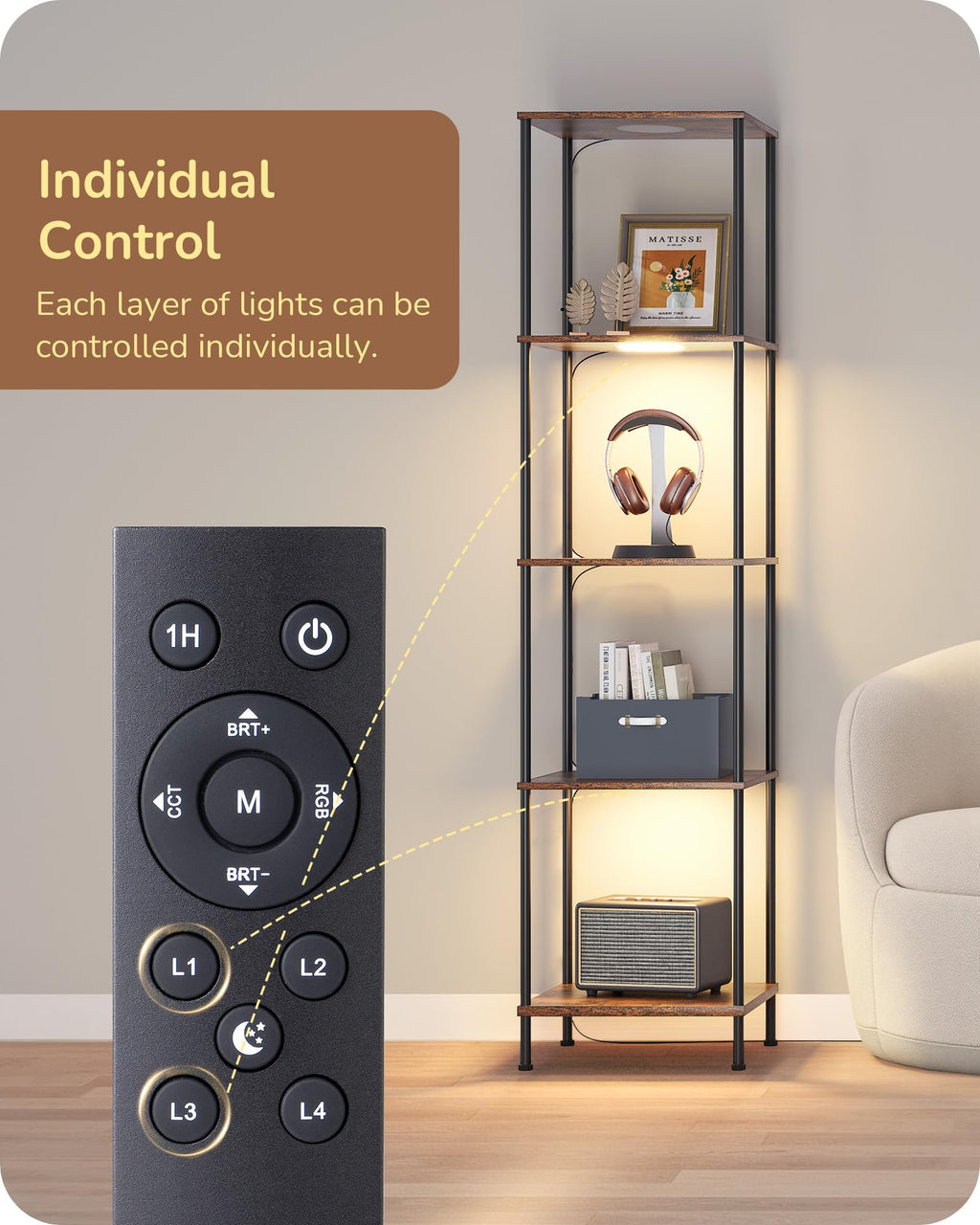 EDISHINE RGBW Modern Floor Lamp, 5-Tier Display Shelf with Light, Adjustable Brightness & Color Temperature, 3 Lighting Modes, Remote Control, Stable Floor Lamps for Living Room, Bedroom, Study, Black