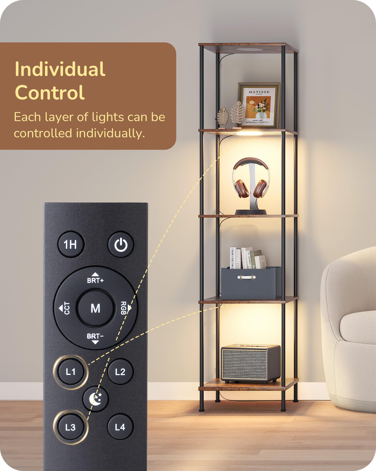 EDISHINE RGBW Modern Floor Lamp, 5-Tier Display Shelf with Light, Adjustable Brightness & Color Temperature, 3 Lighting Modes, Remote Control, Stable Floor Lamps for Living Room, Bedroom, Study, Black