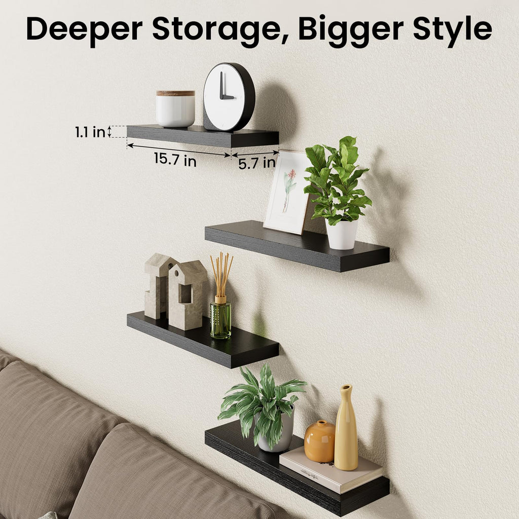 BAYKA Floating Shelves for Wall, Wall Mounted Rustic Wood Shelves for Bathroom, Bedroom, Living Room, Kitchen, Hanging Shelf for Books/Storage/Room Decor with 22lbs Capacity (Black, Set of 3, 15.7in)