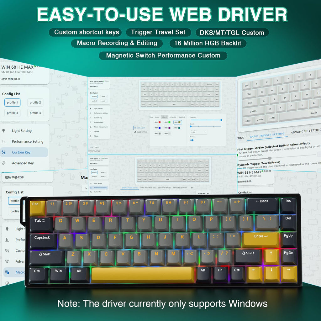 AULA WIN68 HE Mechanical Gaming Keyboard 60%, Hall Effect Magnetic Switch, Fast Trigger Mode Adjustable Actuation, 8000Hz Polling Rate, RGB Backlit, Wired Black Keyboard for Laptop/PC Gamer