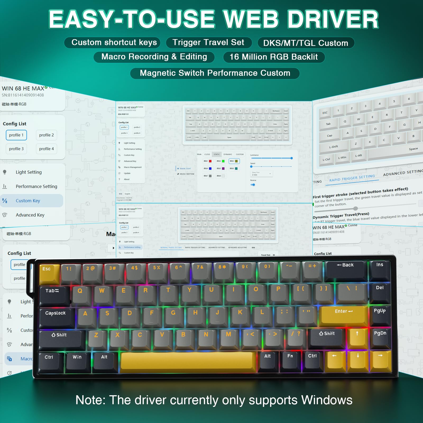 AULA WIN68 HE Mechanical Gaming Keyboard 60%, Hall Effect Magnetic Switch, Fast Trigger Mode Adjustable Actuation, 8000Hz Polling Rate, RGB Backlit, Wired Black Keyboard for Laptop/PC Gamer