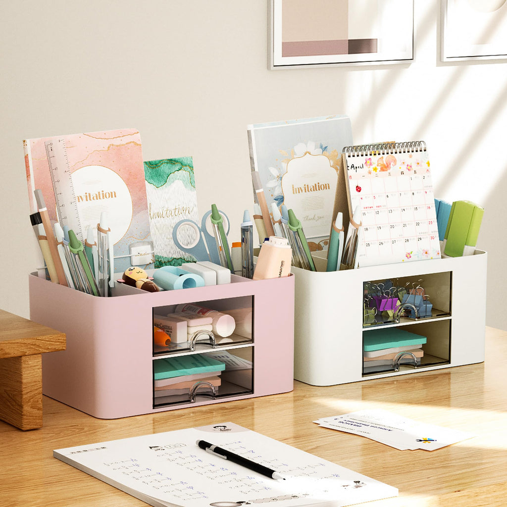 Marbrasse Pen Organizer with 2 Drawer, Multi-Functional Pencil Holder for Desk, Desk Organizers and Accessories with 5 Compartments + Drawer for Office Art Supplies (White)