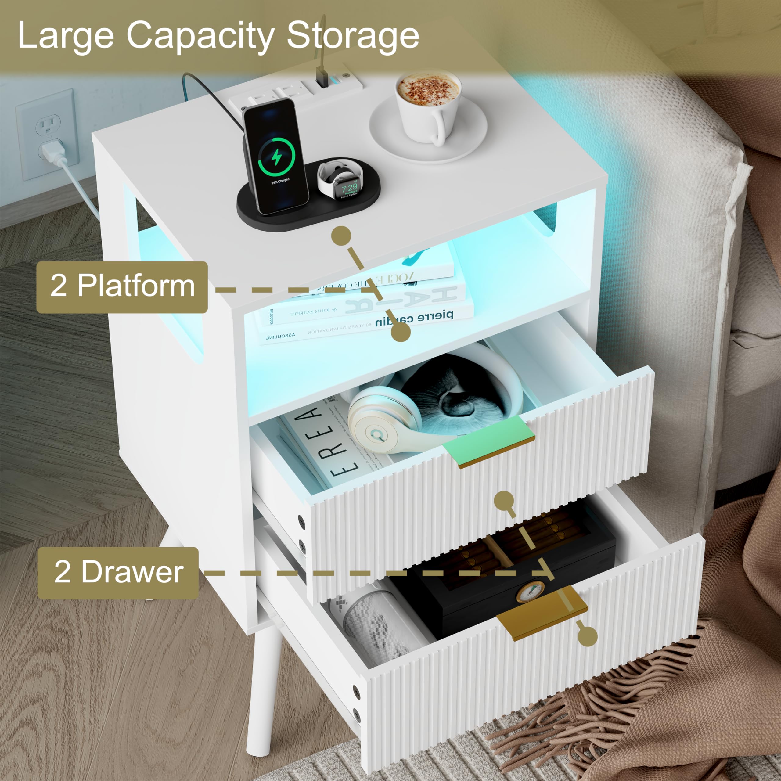 JOONEE Black Nightstand with Charging Station and LED Lights,Modern Bedside Table with 2 Storage Drawer and Open Wood Shelf, for Bedroom and Small Spaces,Night Stand with Solid Wood Legs,Black