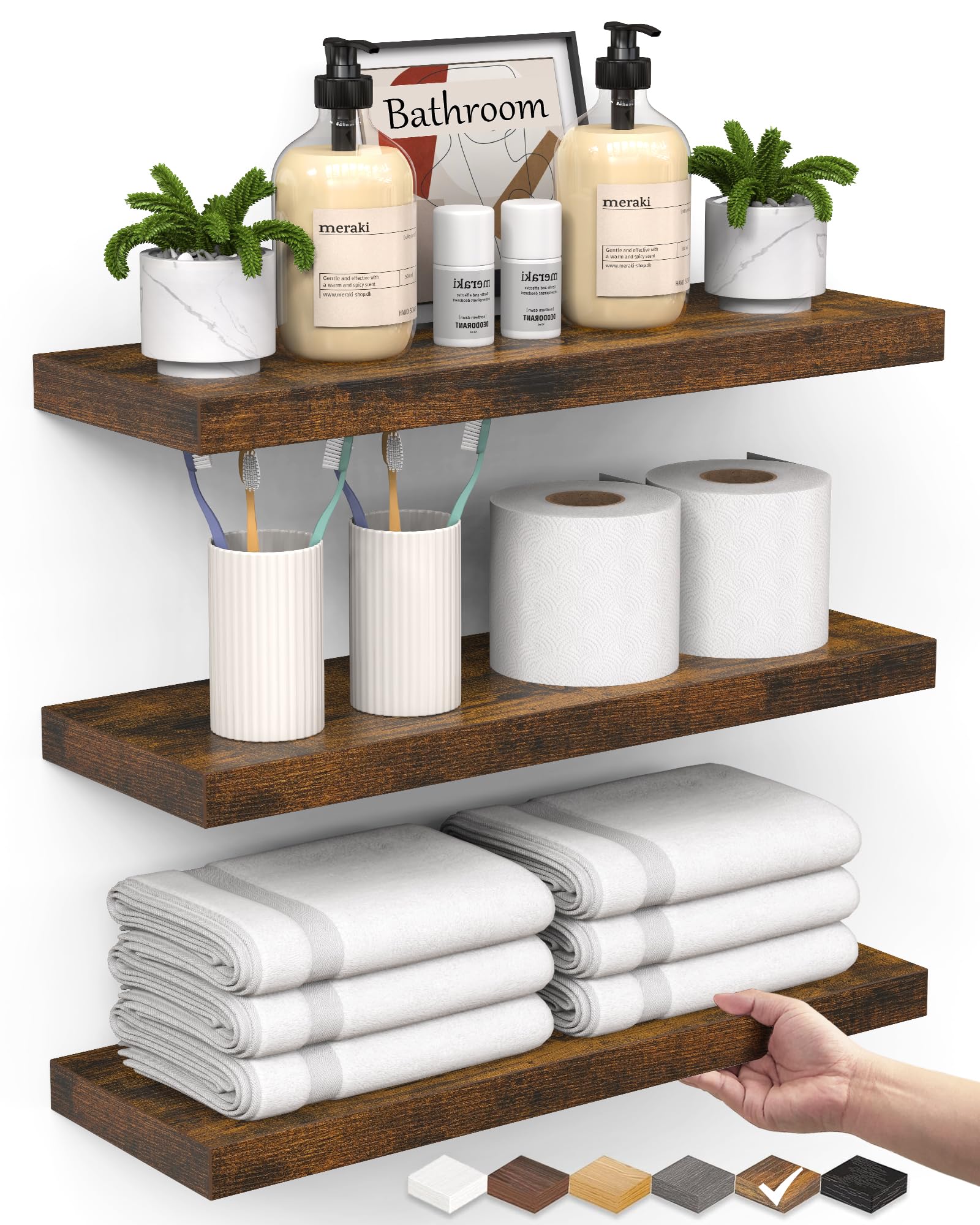 BAYKA Floating Shelves for Wall, Wall Mounted Rustic Wood Shelves for Bathroom, Bedroom, Living Room, Kitchen, Hanging Shelf for Books/Storage/Room Decor with 22lbs Capacity (Black, Set of 3, 15.7in)
