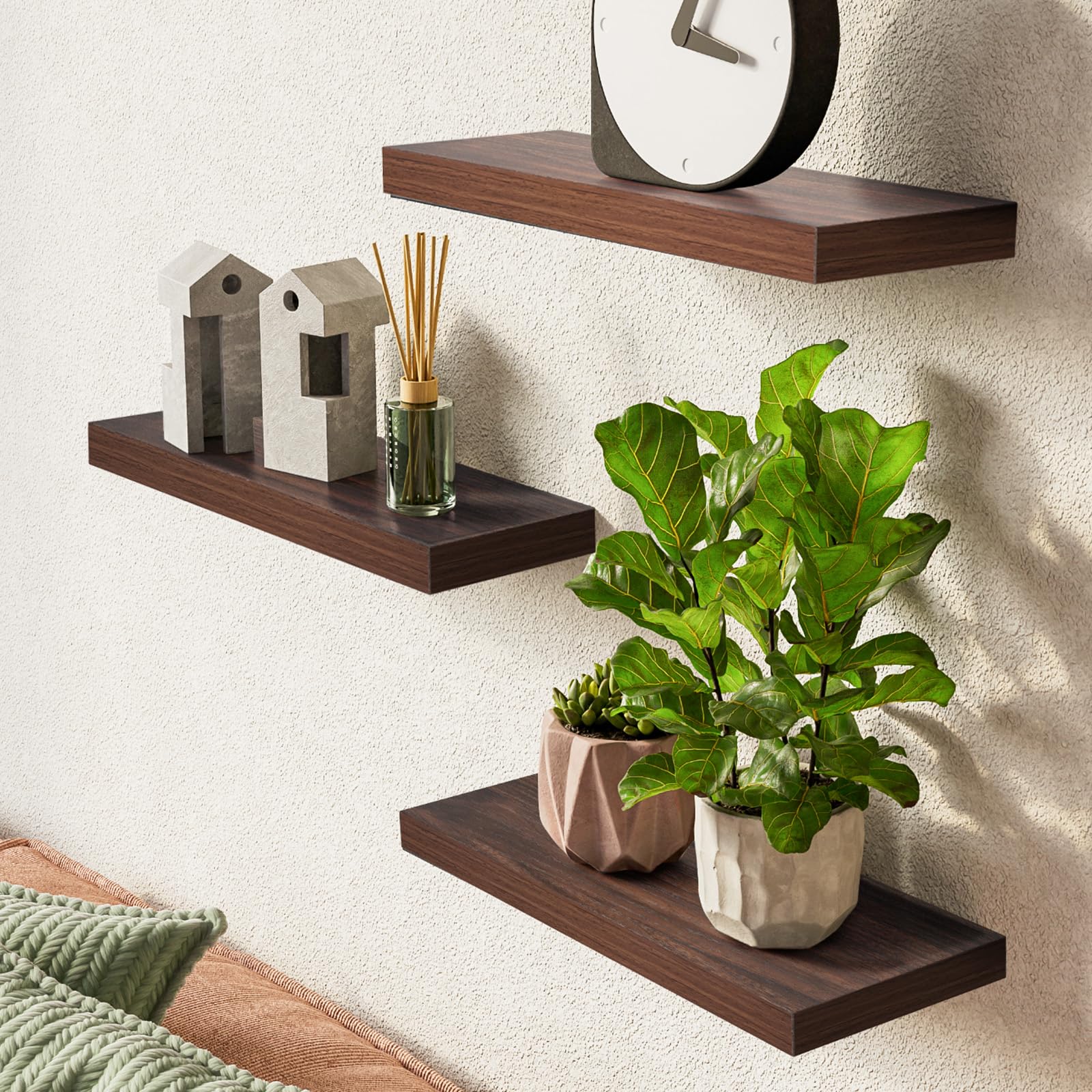 BAYKA Floating Shelves for Wall, Wall Mounted Rustic Wood Shelves for Bathroom, Bedroom, Living Room, Kitchen, Hanging Shelf for Books/Storage/Room Decor with 22lbs Capacity (Black, Set of 3, 15.7in)