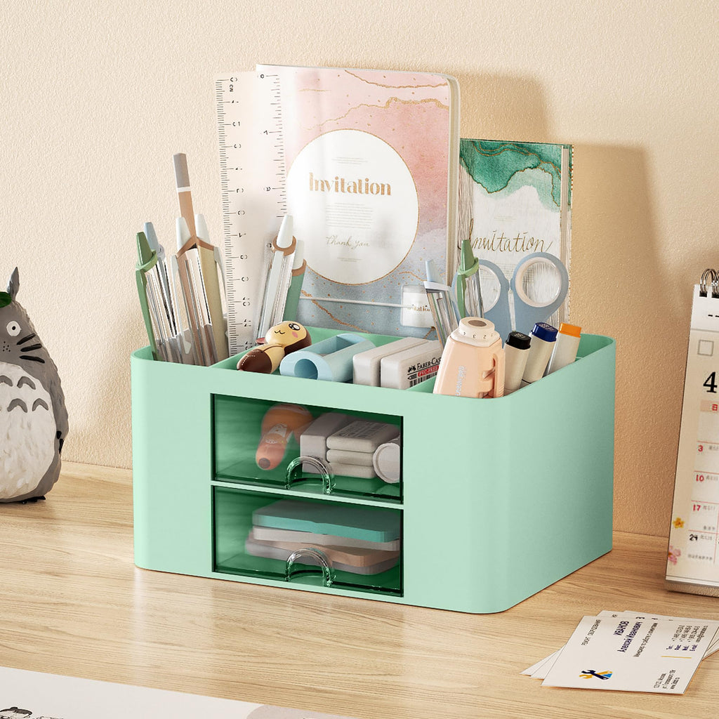 Marbrasse Pen Organizer with 2 Drawer, Multi-Functional Pencil Holder for Desk, Desk Organizers and Accessories with 5 Compartments + Drawer for Office Art Supplies (White)
