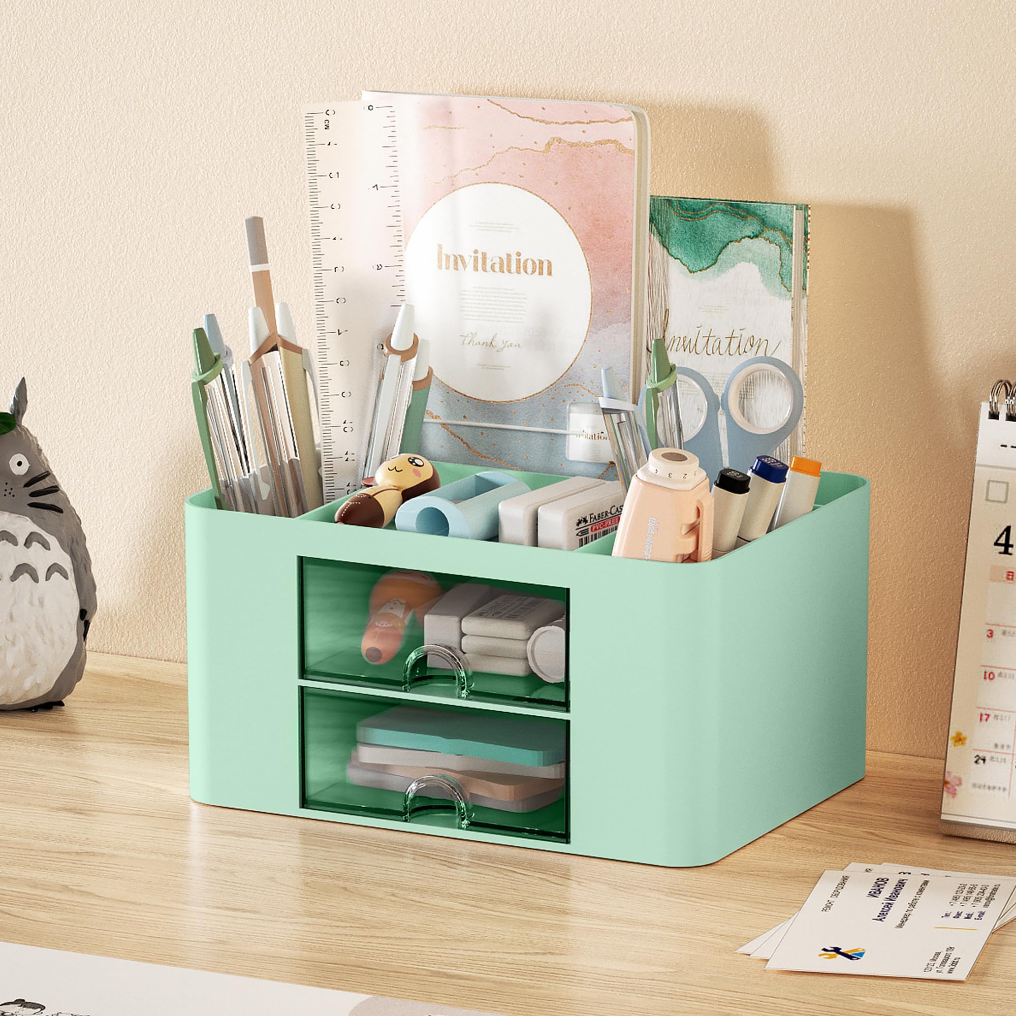 Marbrasse Pen Organizer with 2 Drawer, Multi-Functional Pencil Holder for Desk, Desk Organizers and Accessories with 5 Compartments + Drawer for Office Art Supplies (White)