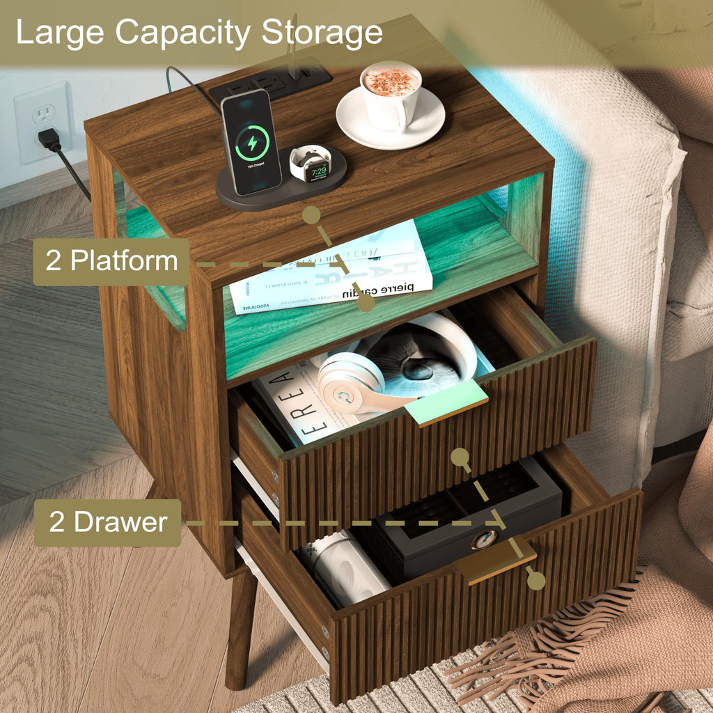 JOONEE Black Nightstand with Charging Station and LED Lights,Modern Bedside Table with 2 Storage Drawer and Open Wood Shelf, for Bedroom and Small Spaces,Night Stand with Solid Wood Legs,Black