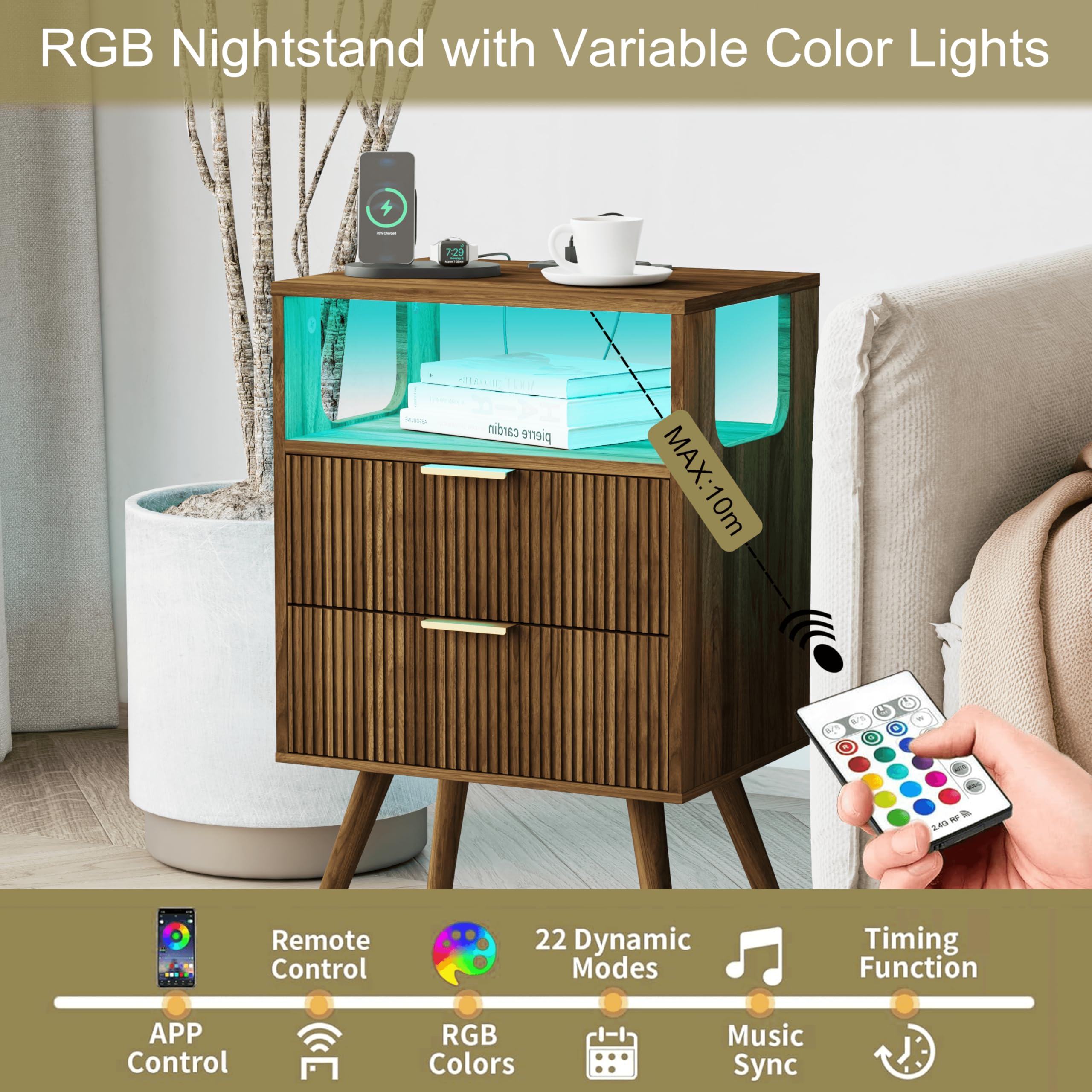 JOONEE Black Nightstand with Charging Station and LED Lights,Modern Bedside Table with 2 Storage Drawer and Open Wood Shelf, for Bedroom and Small Spaces,Night Stand with Solid Wood Legs,Black