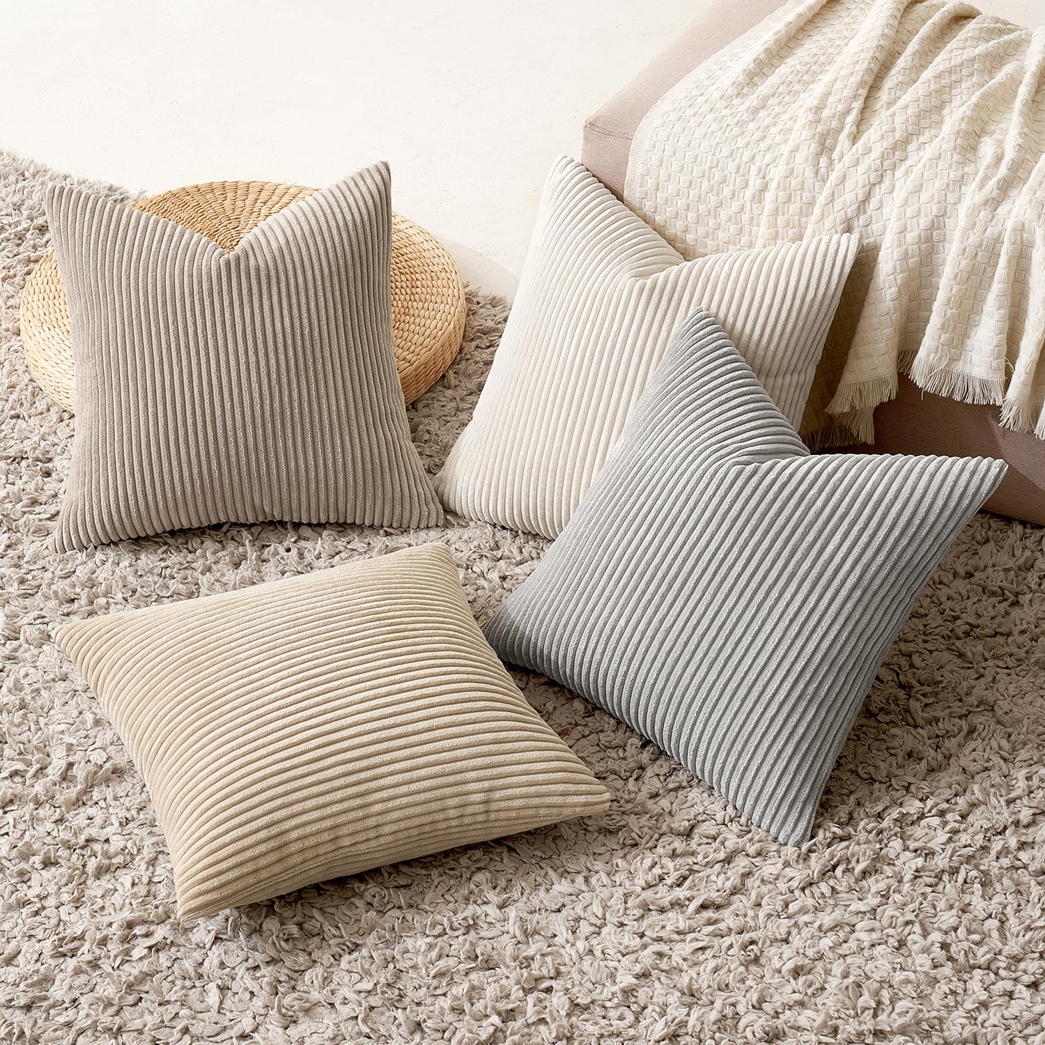 MIULEE Boho Farmhouse Sage Green Throw Pillow Covers 18x18 Inch Set of 4 Mordern Nordic Cushion Covers Soft Corduroy Spring Home Decor for Couch Bed Sofa Living Room Forest Green